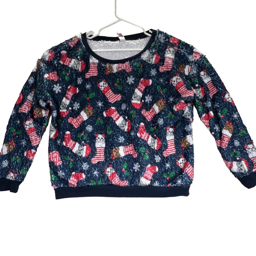 No Boundaries Holiday Cat Sweater | Fuzzy Navy Christmas Pullover | Juniors 2X